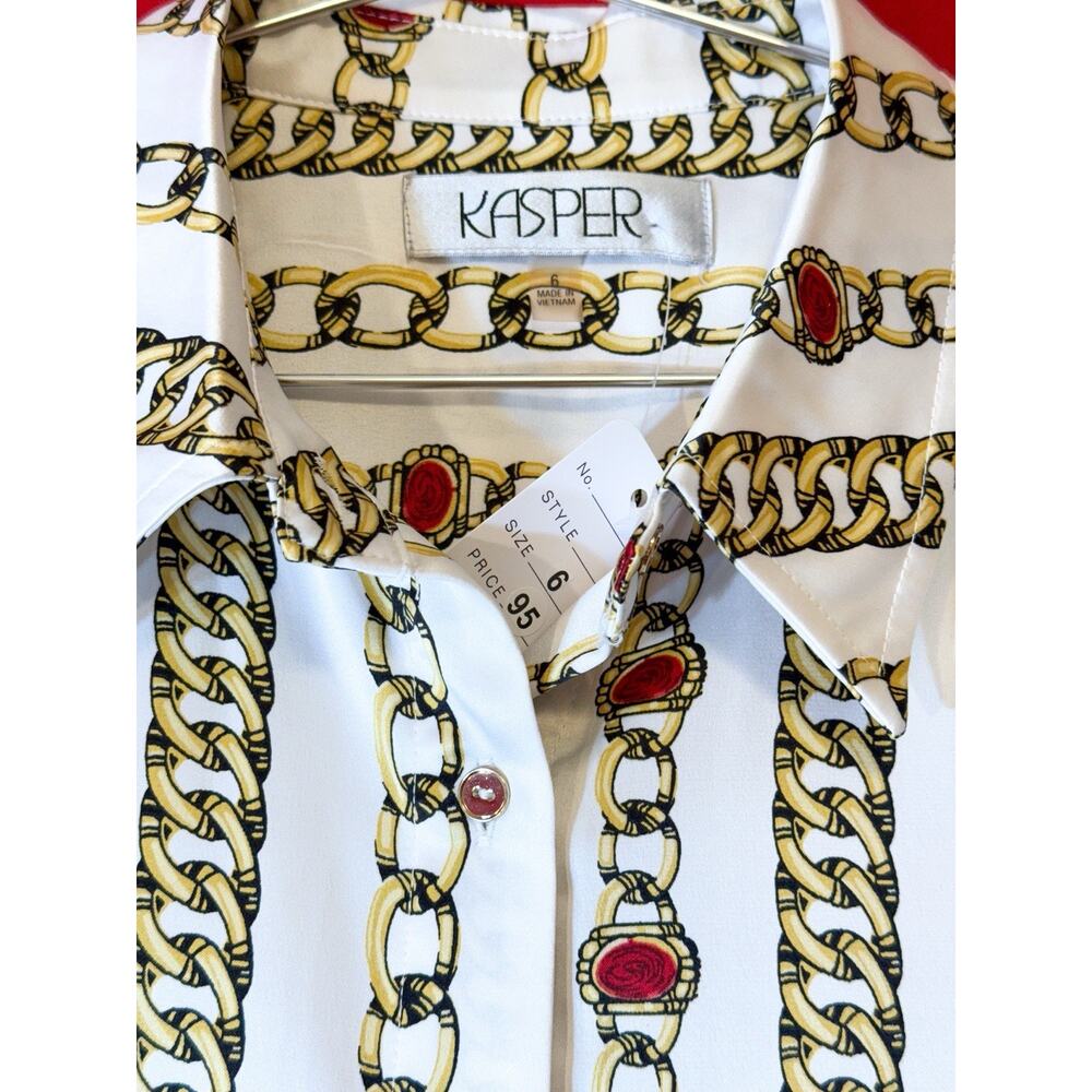 New Small US 6 Kasper Women White Gold Blouse Satin Shirt Long Sleeve - Picture 2 of 5
